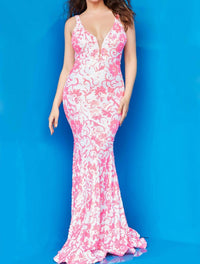 JOVANI Plunging Neck Mermaid Dress in ivory hot pink - women's dress - view 4