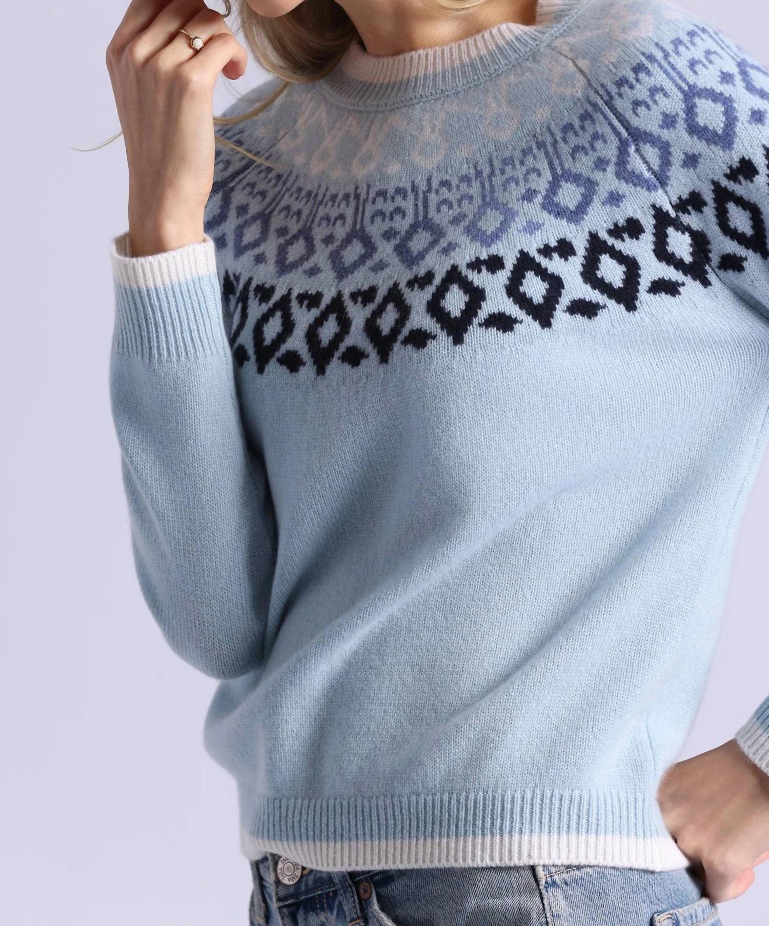 Minnie Rose - Cashmere Fair Isle Crew Neck Top With Tipping