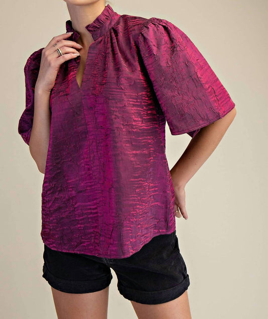 Glam - Ruffled High Neck Top With Flutter Sleeves