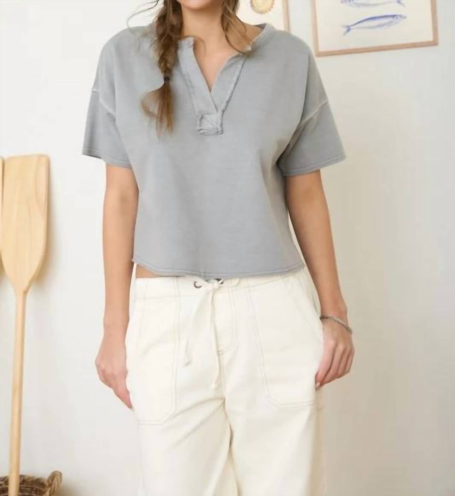 Blu Pepper - Washed Split-Neck Knit Top