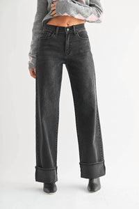 JBD. Cuffed Wide Leg Jeans in washed black - women's jeans - detail view