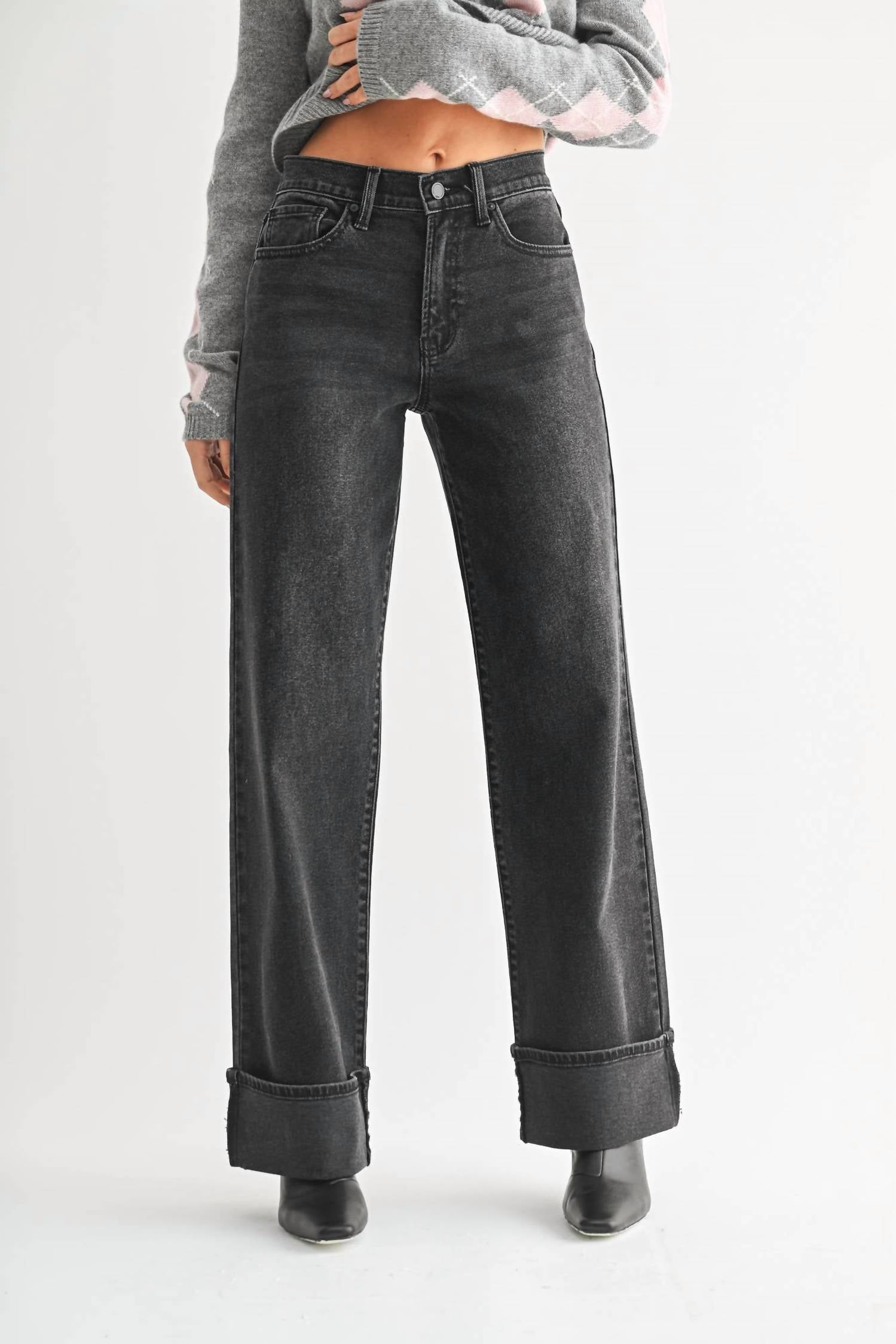 JBD. Cuffed Wide Leg Jeans in washed black - women's jeans - detail view