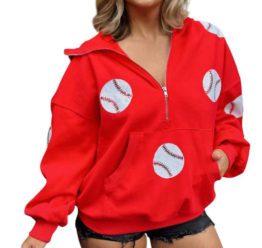 Live Love Gameday - Baseball Red Sequin Drawstring Quarter Zip Pullover Hoodie