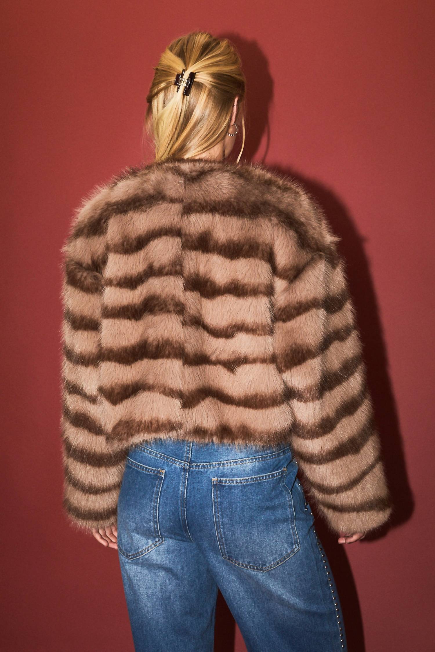 LE LIS Evie Faux Fur Crop Coat in mocha brown stripe - women's jacket - alternate view