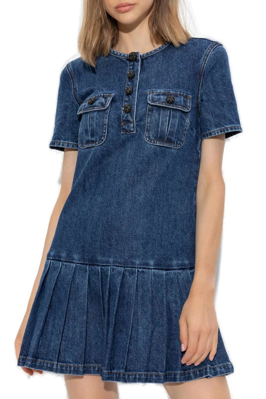 Self-Portrait - Pleated Denim Mini Dress