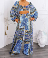 Surelymine - Bold Baroque Print Two-piece Set Tie Front Crop & Wide Pants
