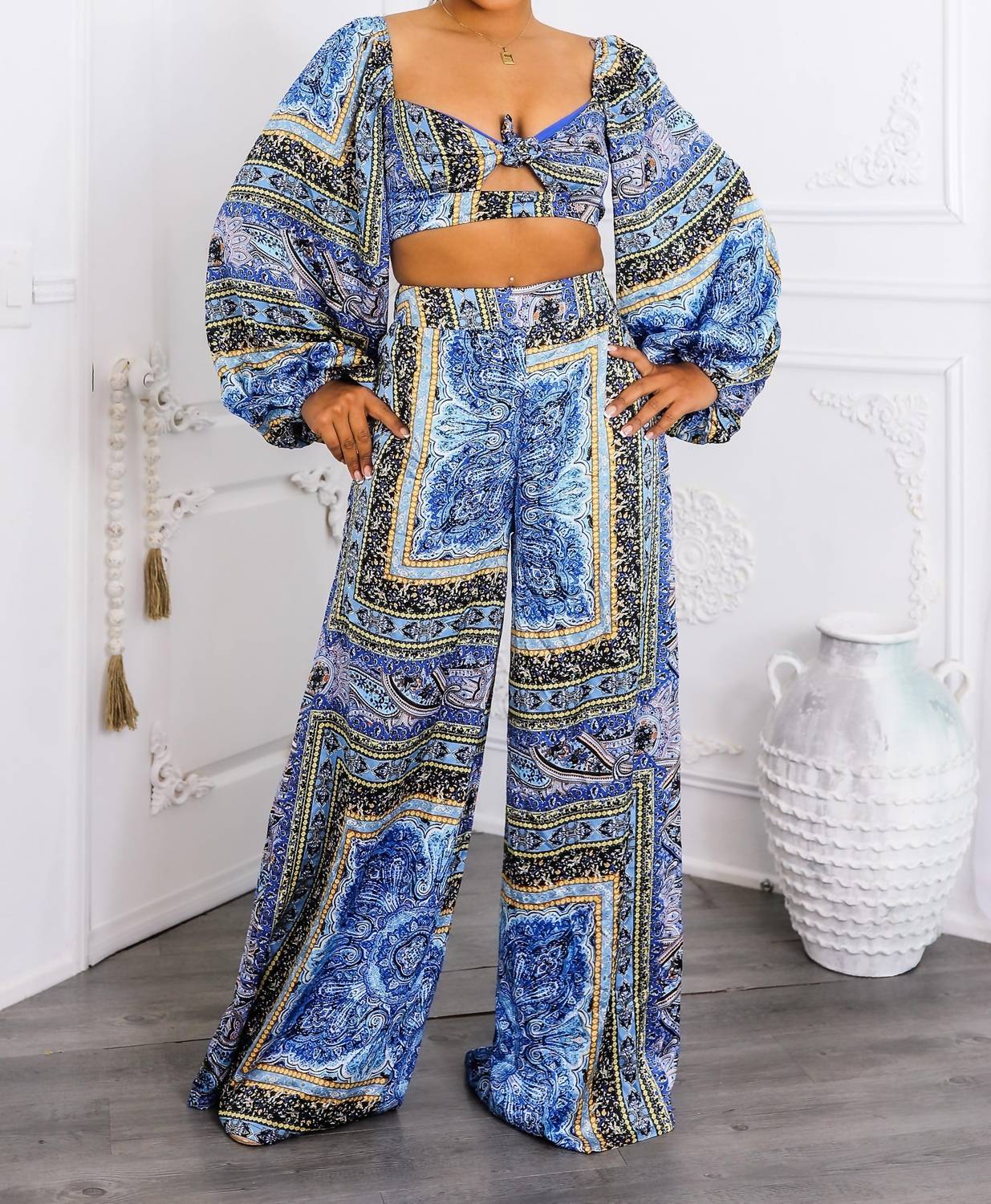 Surelymine - Bold Baroque Print Two-piece Set Tie Front Crop & Wide Pants