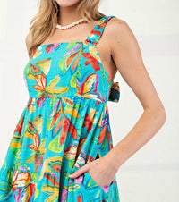 Easel - Tropical Print Flowy Bow Back Maxi Dress