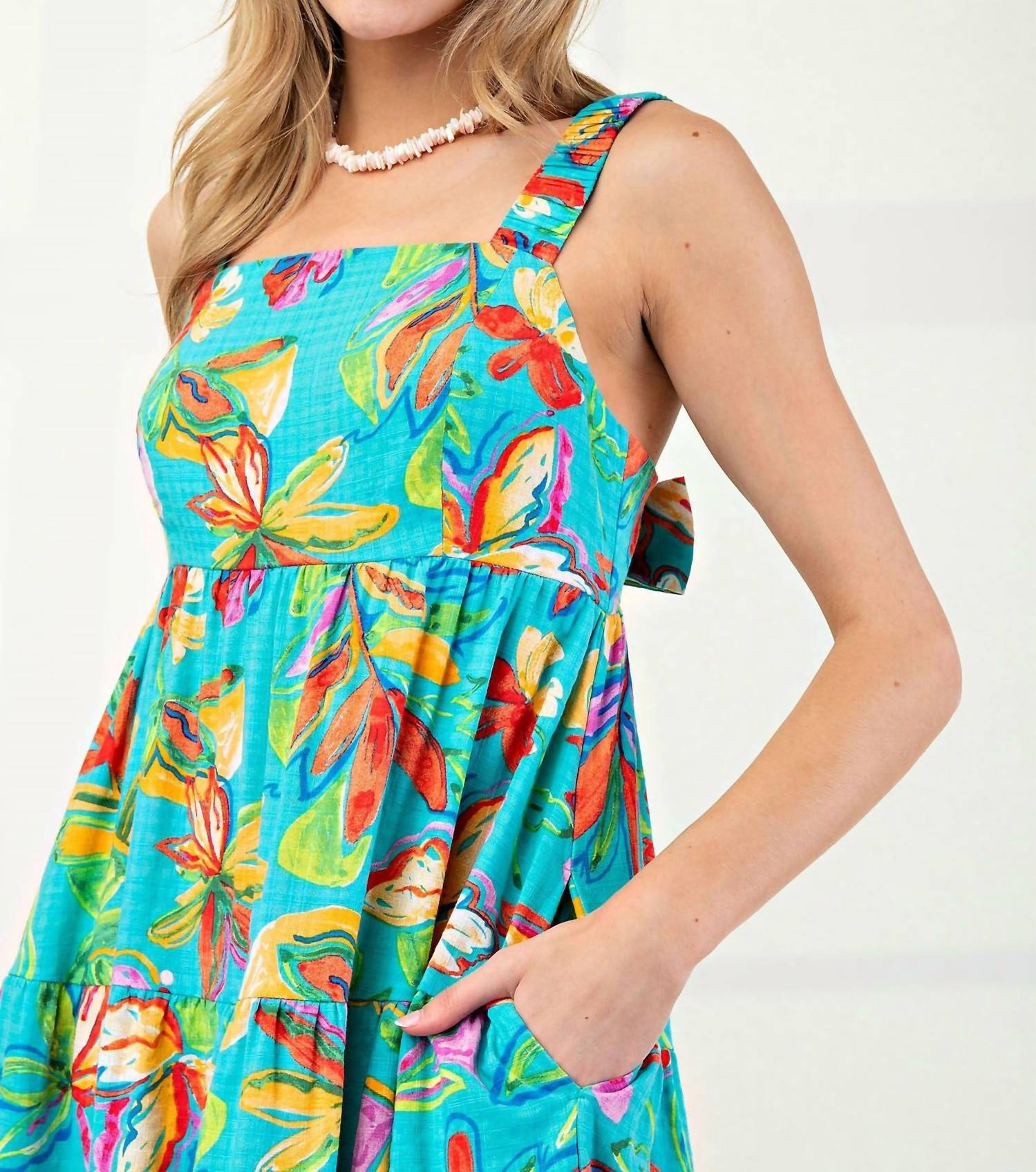 Easel - Tropical Print Flowy Bow Back Maxi Dress