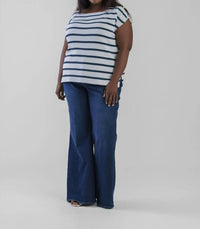 Mat Fashion - Short Sleeve Striped Button Shoulder Top - Plus Size