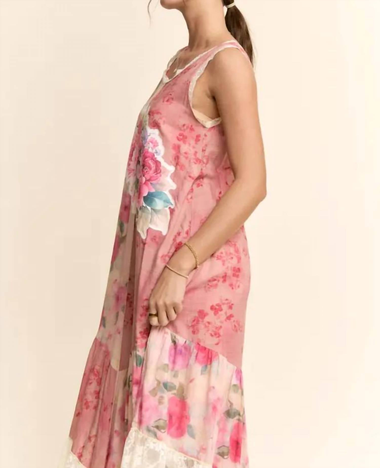 Davi & Dani - Women's Print Flower Patchwork Lace Tiered Dress