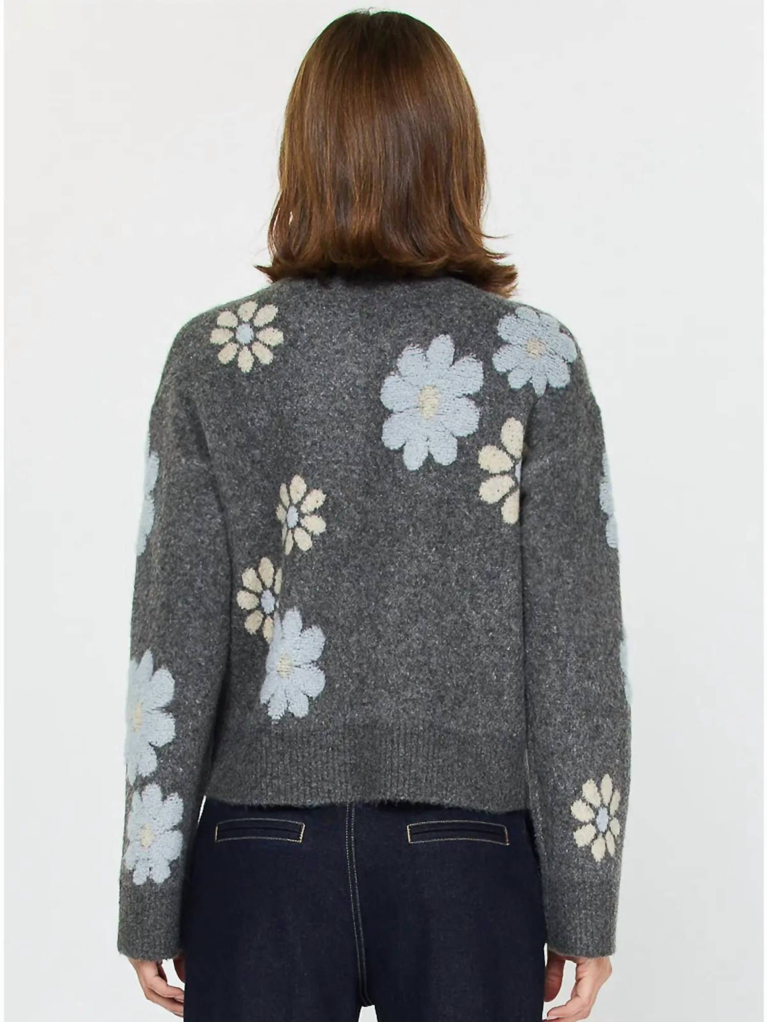 current air Floral Motif Crew Neck Sweater in dark gray - women's sweater - alternate view