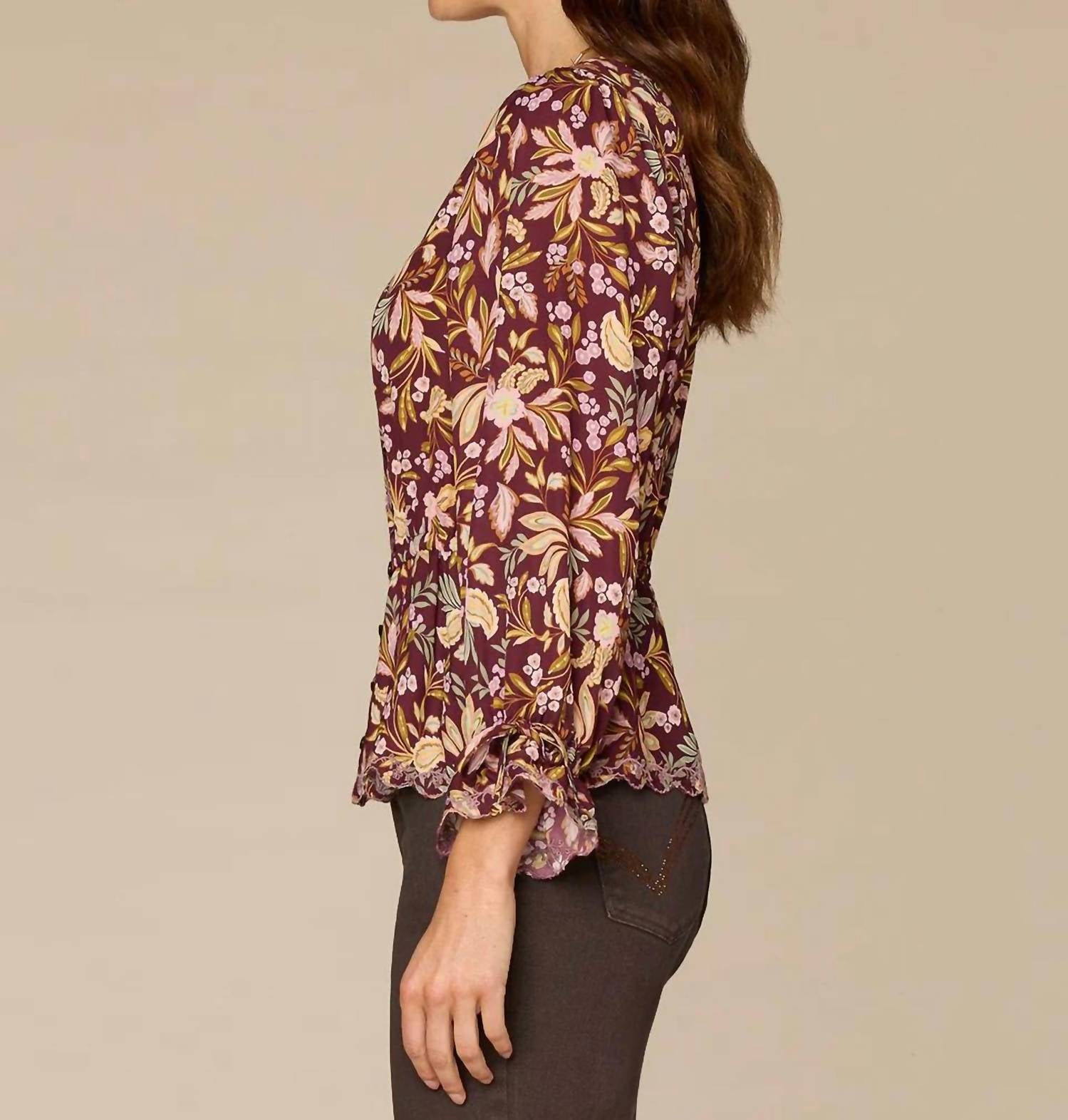 Democracy Long Tie Sleeve V-neck Printed Woven Top in floral - women's blouse - view 4
