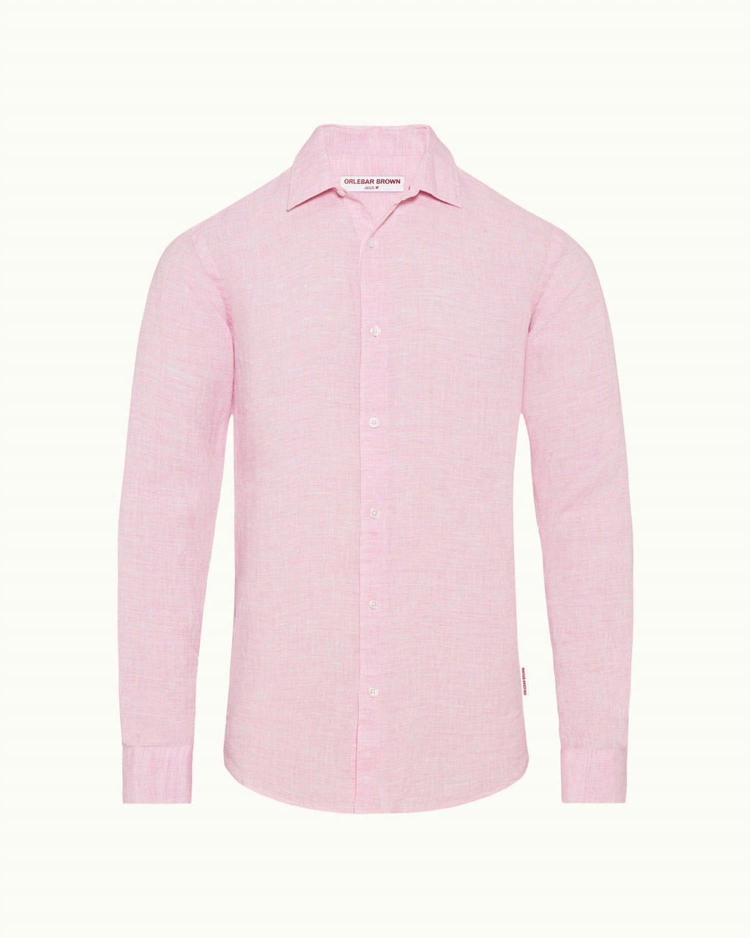 Orlebar Brown Giles Linen Long Sleeve Shirt in pale pink white - men's shirt - view 5