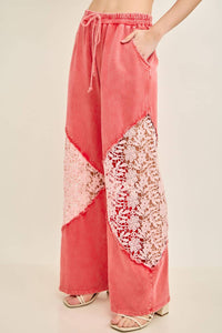 J.Her Mineral Washed Floral Lace Elastic Waist Cool Pant in red - women's pants - detail view