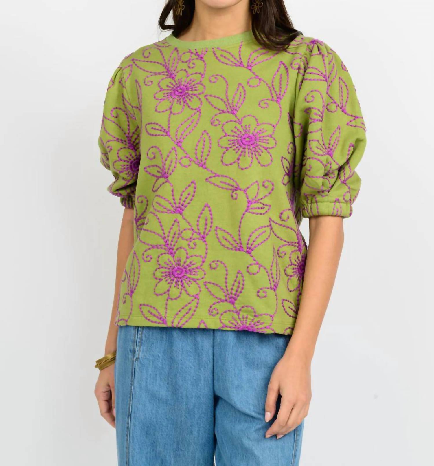 Ivy Jane Floral Vines Knit Top in green - women's t-shirt - detail view