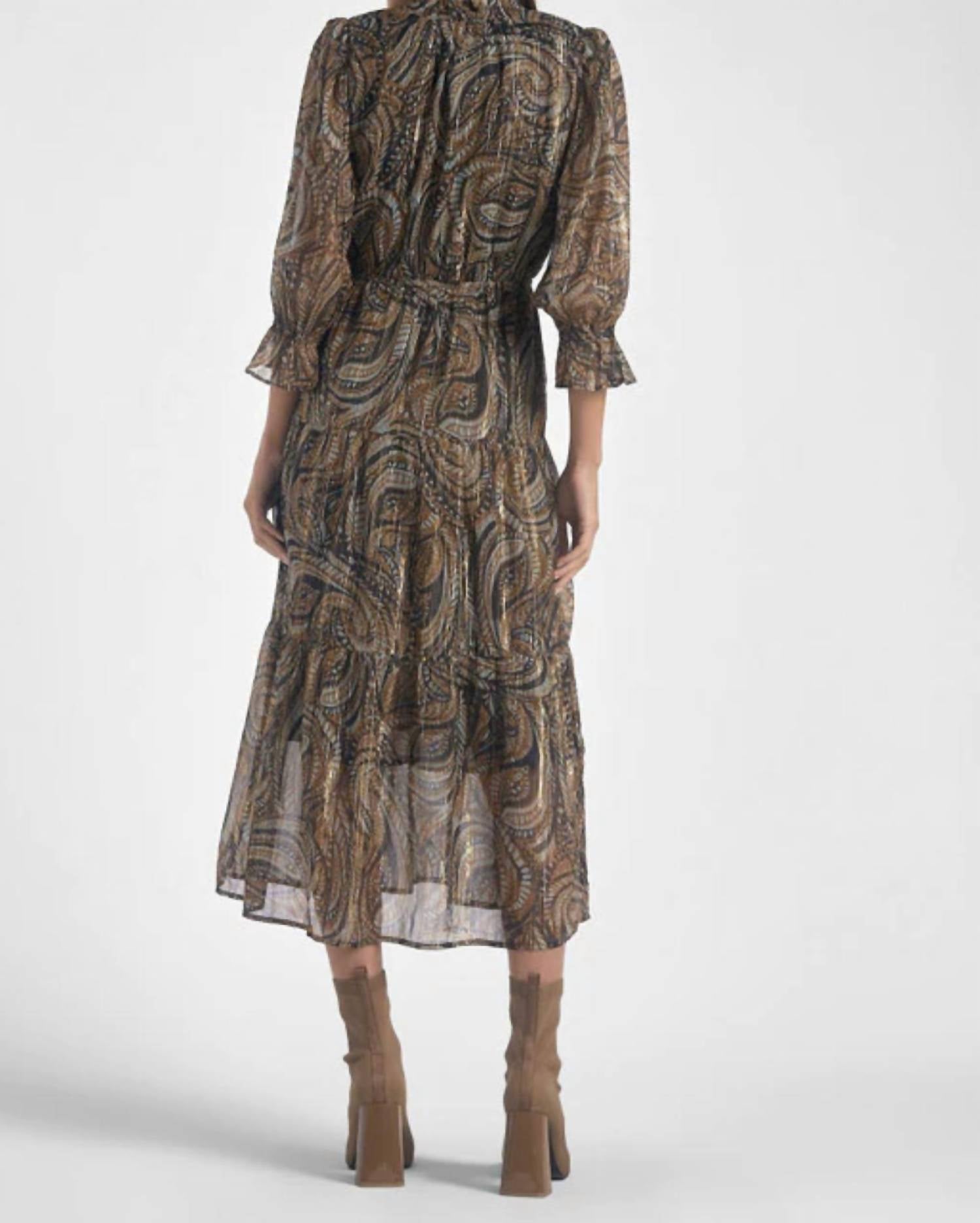 Elan - Three Quarter Sleeve Paisley Midi Dress