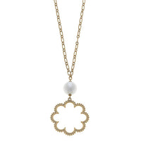 CANVAS Style Women's Belle Studded Flower & Pearl Necklace in worn gold - women's jewelry