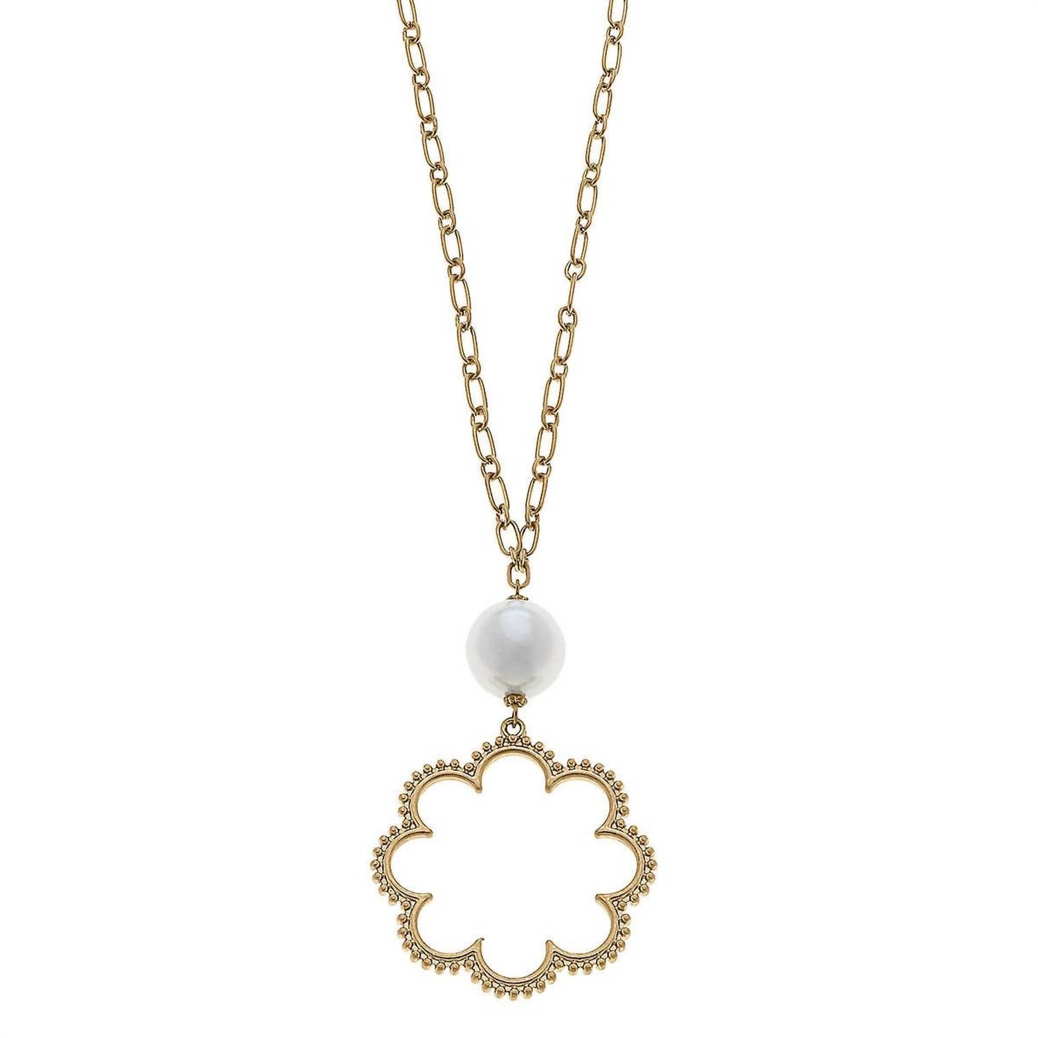 CANVAS Style Women's Belle Studded Flower & Pearl Necklace in worn gold - women's jewelry
