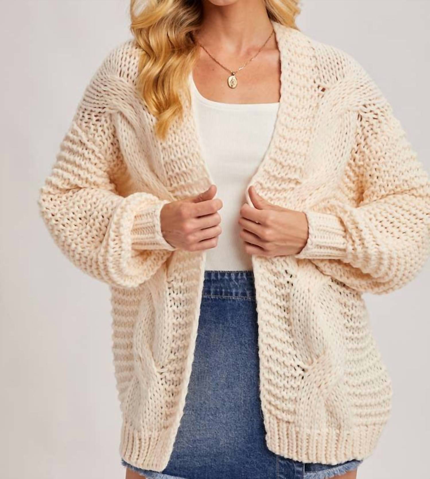 BluIvy Chunky Cable Knit Sweater Cardigan in cream - women's sweater