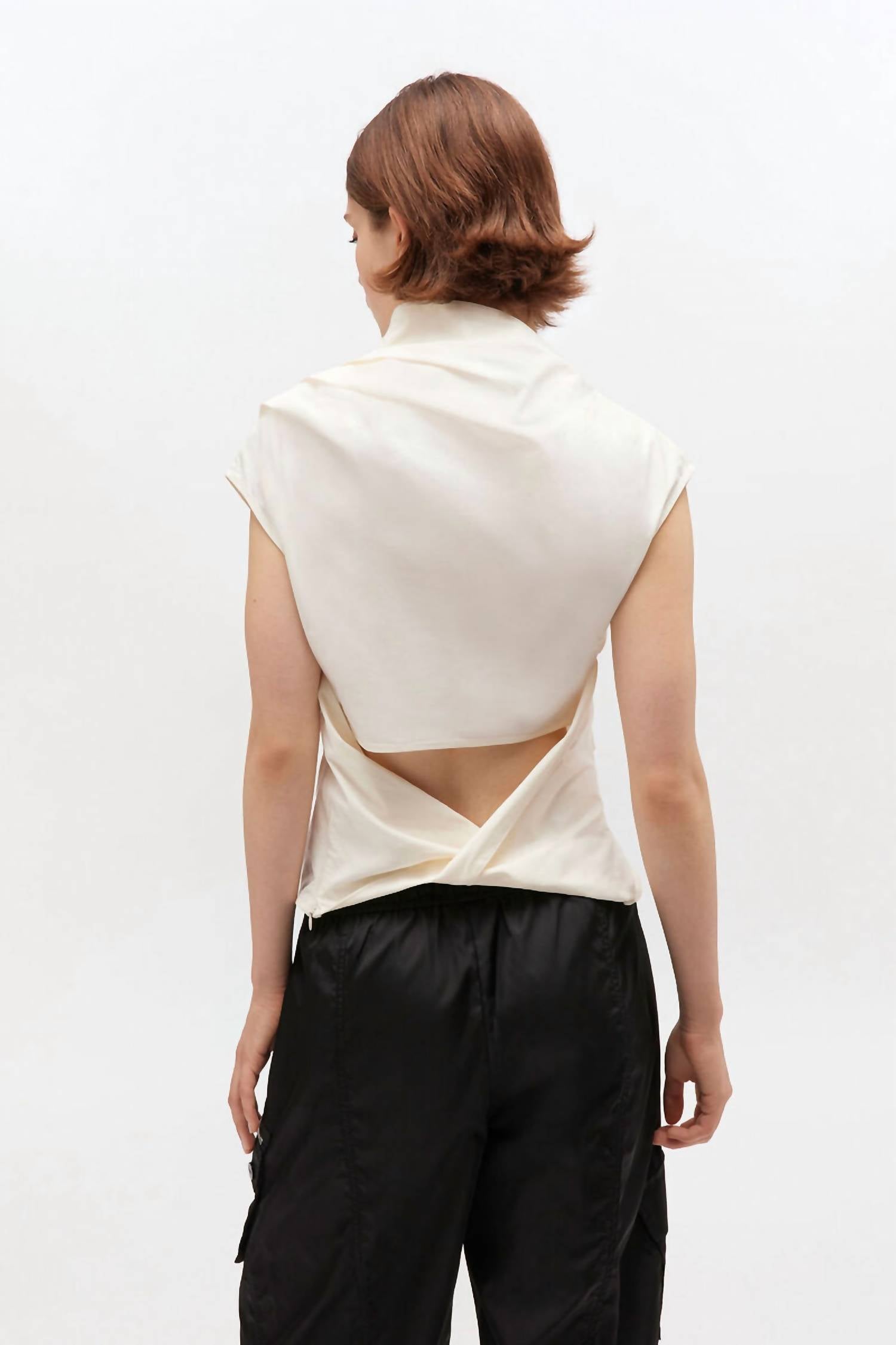 GANNI Stretch Cotton Ruched Top in egret - women's t-shirt - detail view