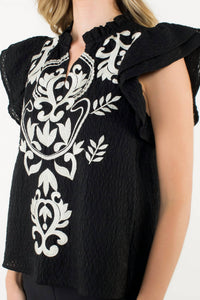 THML Flutter Sleeve Embroidered Textured Top in black - women's blouse - view 5