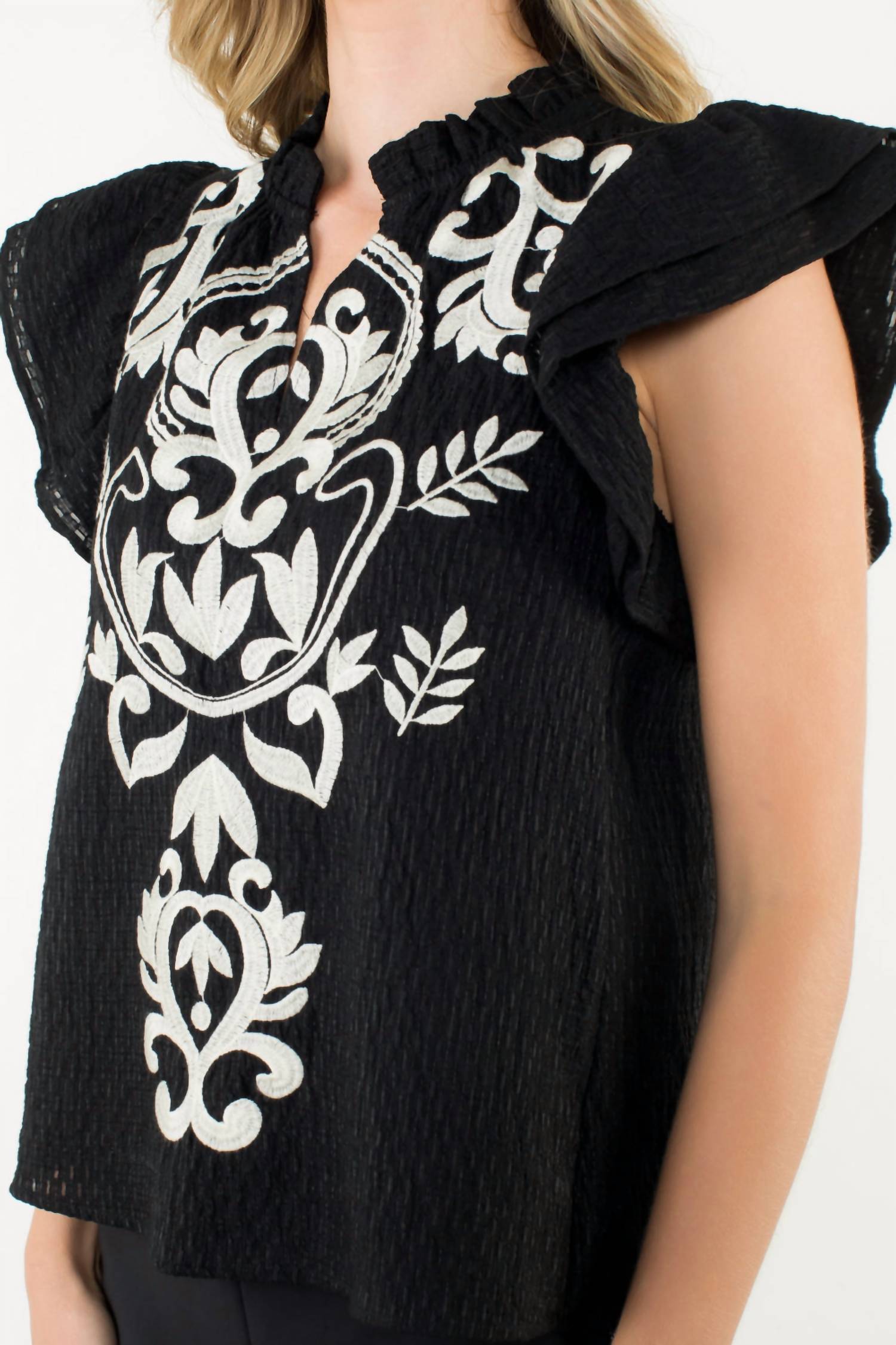 THML Flutter Sleeve Embroidered Textured Top in black - women's blouse - view 5