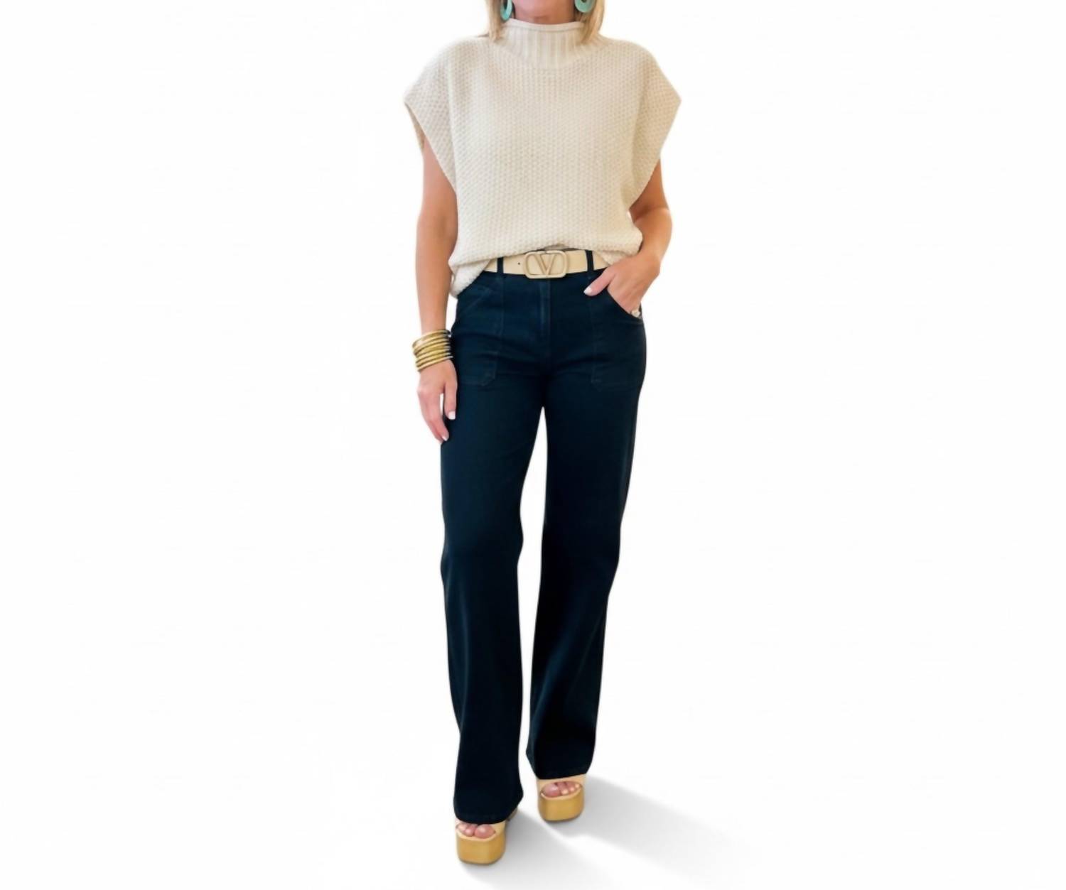 Hoity Toity - Patch Pocket Wide Leg Flare Jeans