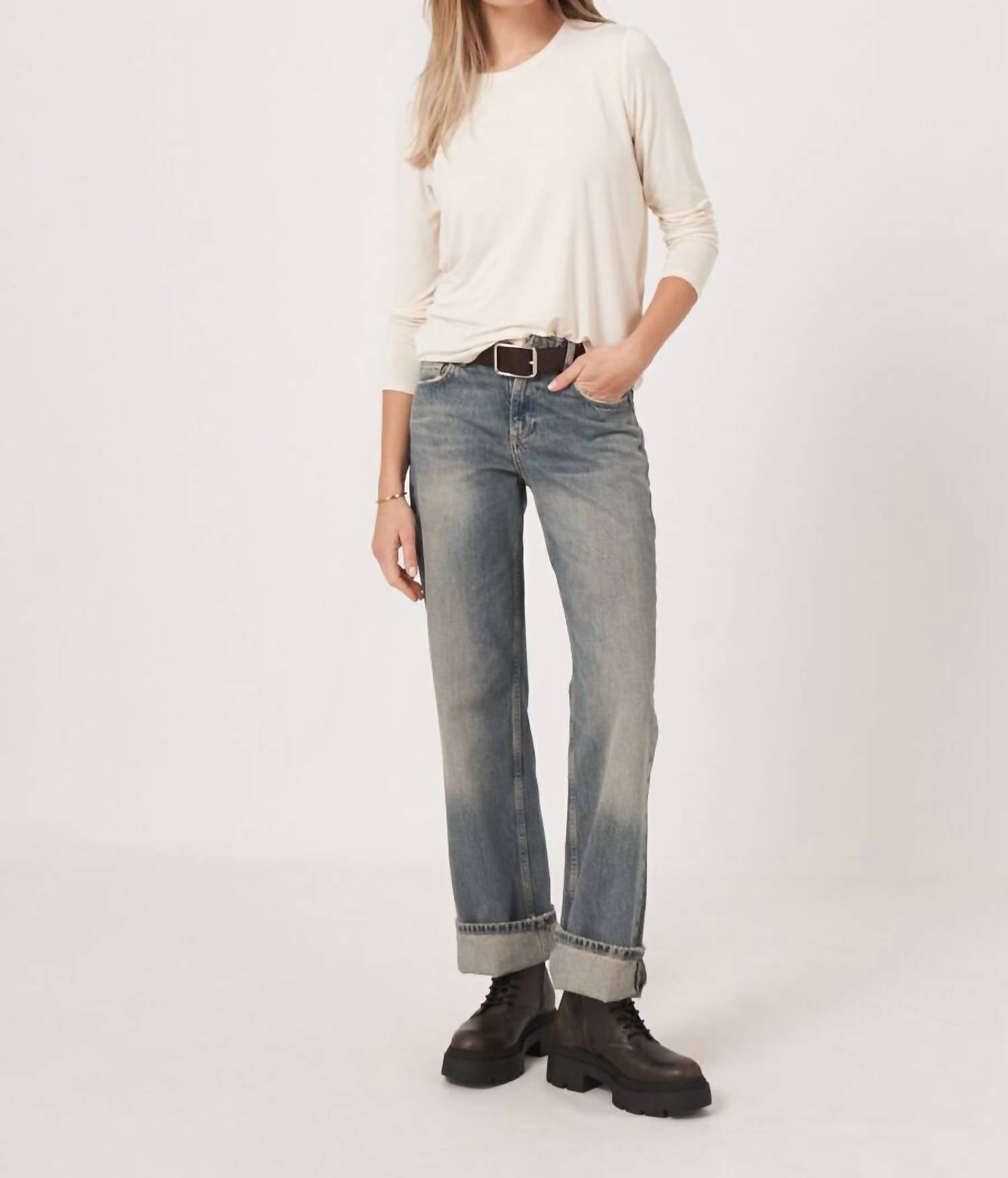 REPEAT cashmere Basic Jewel Neck Long Sleeve Top in ivory - women's long sleeve top