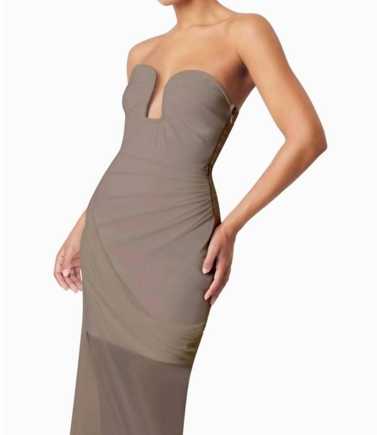 ELLIATT Phoebe Strapless Midi Dress in mushroom - women's dress - detail view