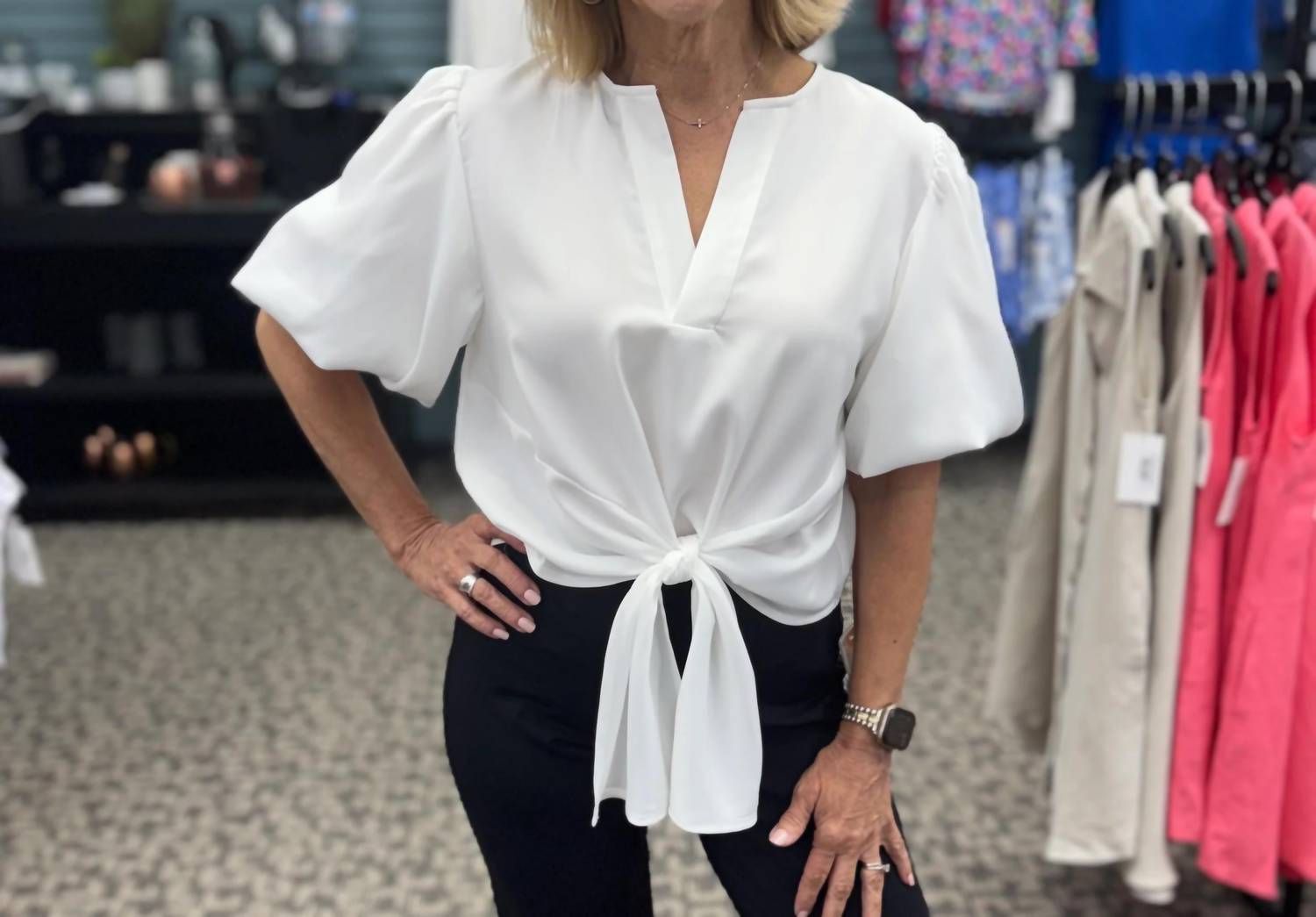 Ee:Some - Tie Front Bubble Sleeve Blouse