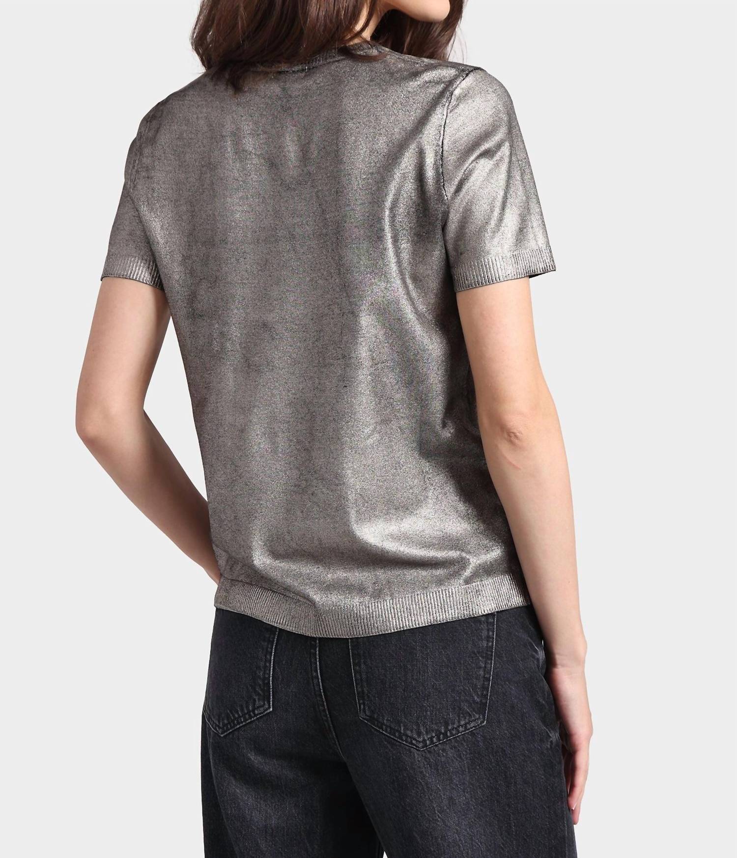 Minnie Rose Metallic Short Sleeve Crew Shirt in silver - women's t-shirt - alternate view