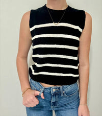 LE LIS Round Neck Sleeveless Sweater Top in black white - women's sweater