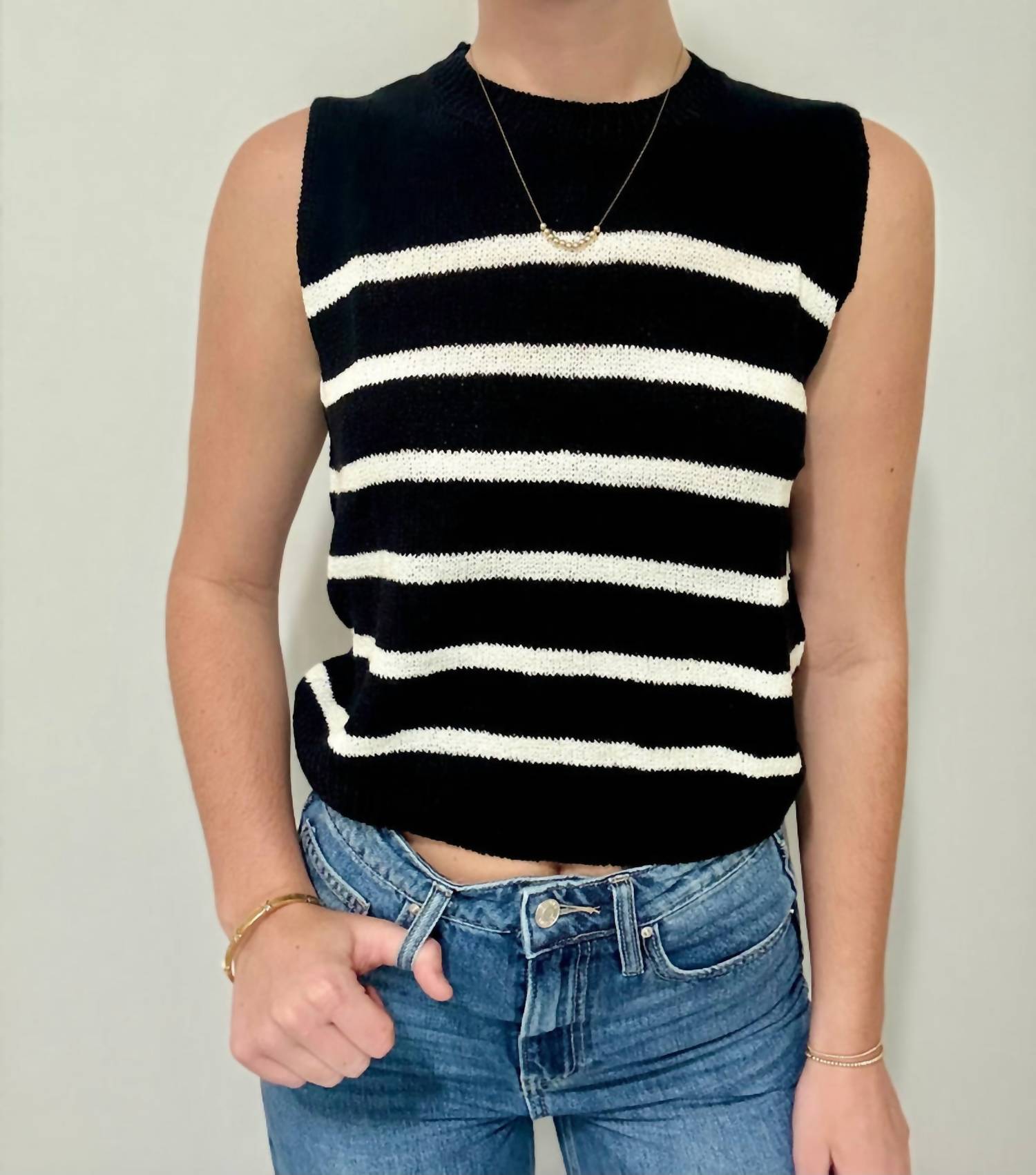 LE LIS Round Neck Sleeveless Sweater Top in black white - women's sweater