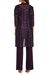 R&M Richards - Metallic Lace Tank Top And Pant Set With Sheer Lace Jacket
