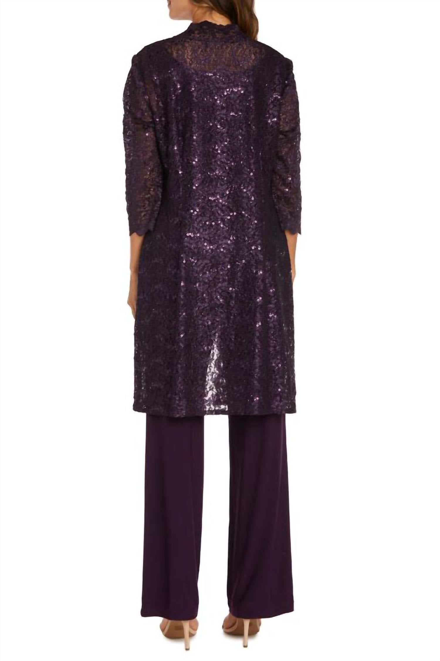 R&M Richards - Metallic Lace Tank Top And Pant Set With Sheer Lace Jacket