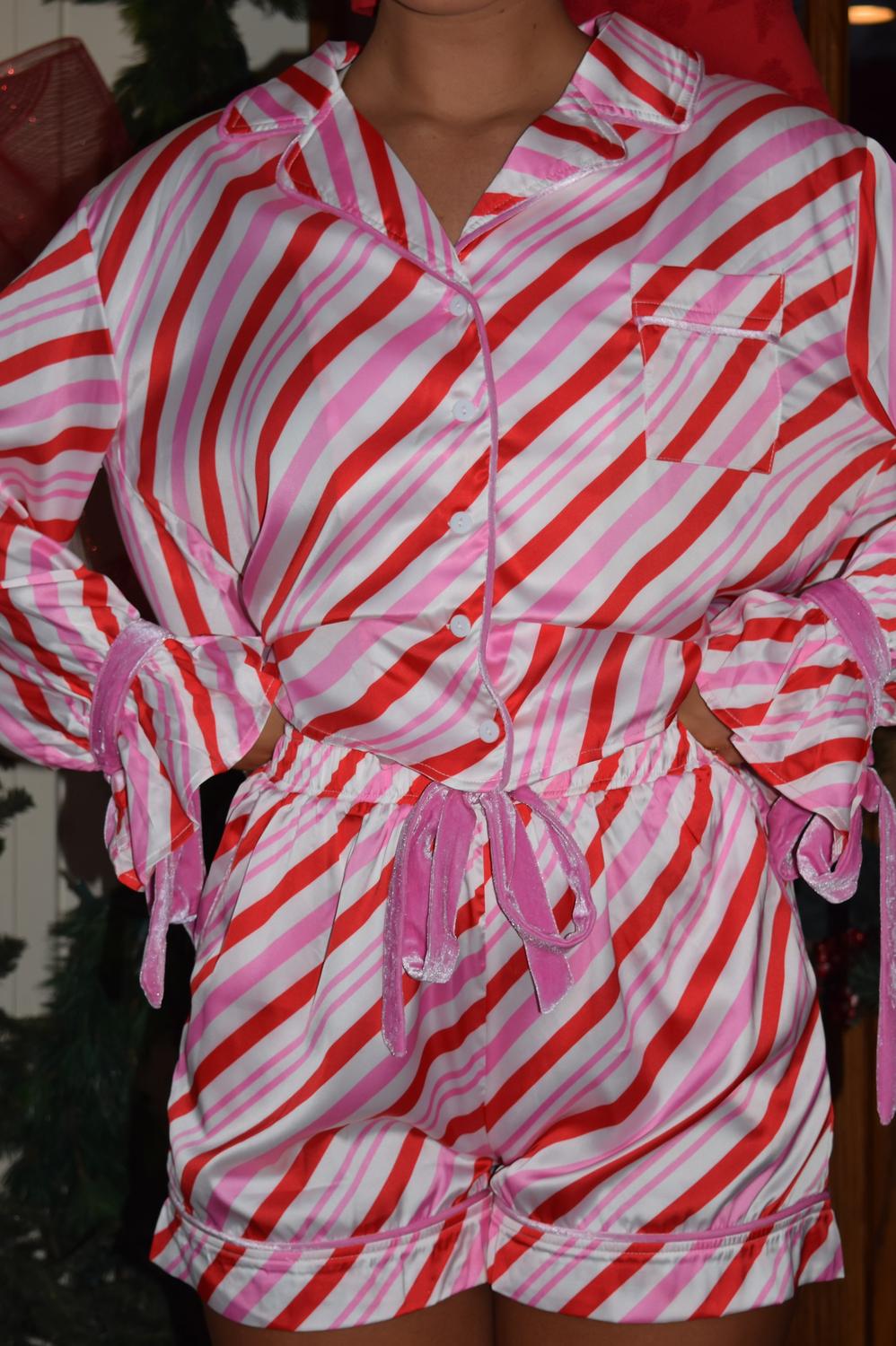 Act Pretty - Candy Cane Striped Satin Pajama Set