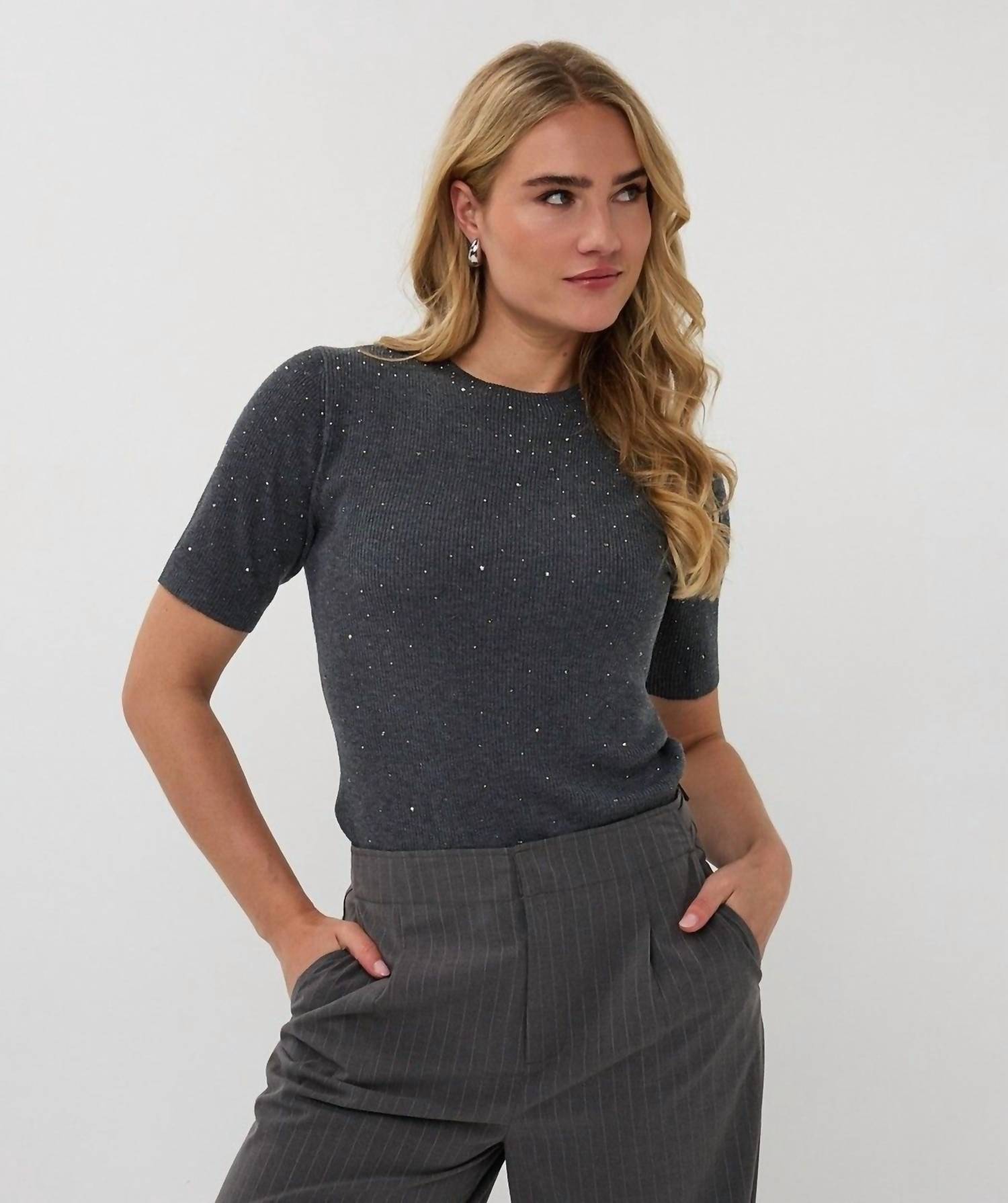 Esqualo - Tessina Rib Short Sleeve Studs Top
