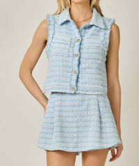 Mystree - Spring Fringe Tweed Buttoned Vest And Skort Set