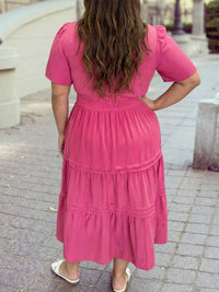 1 The Woman - Split Neck Short Sleeve Flare Tiered Maxi Dress - Plus