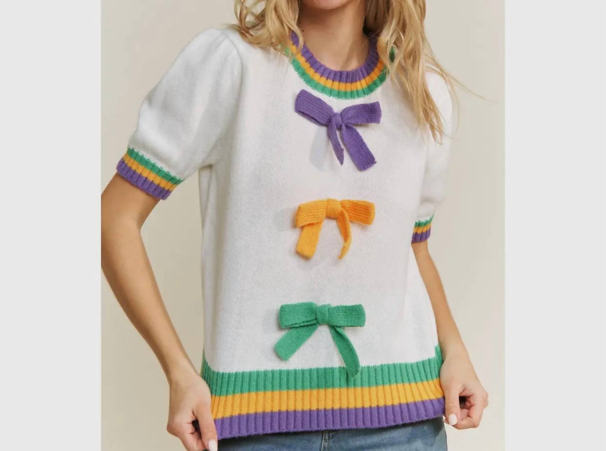 Sweet Generis - Mardi Gras Bow Short Sleeve Sweater