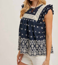 Bluivy - Boho Floral Embroidered Baby Doll Blouse