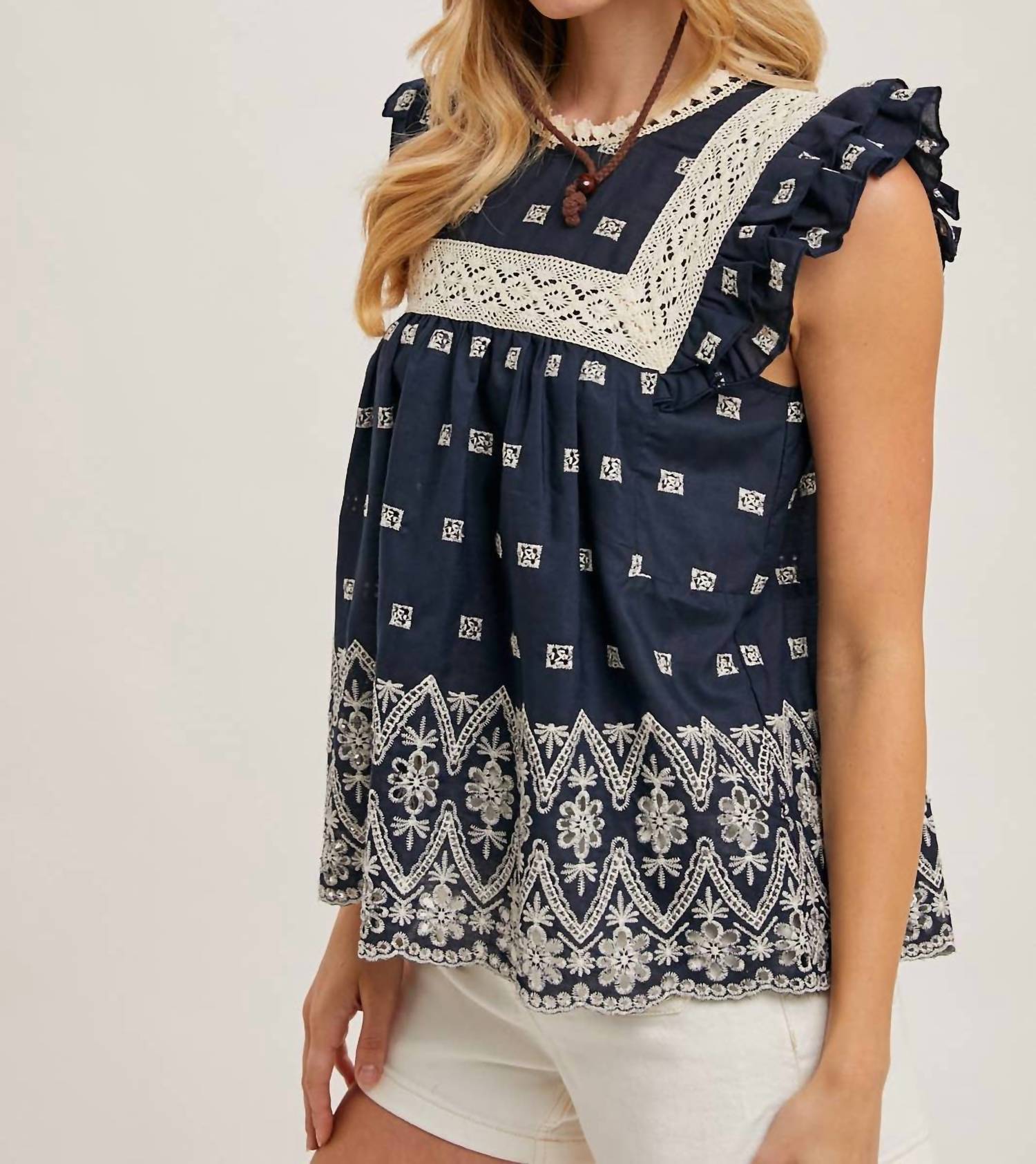 Bluivy - Boho Floral Embroidered Baby Doll Blouse