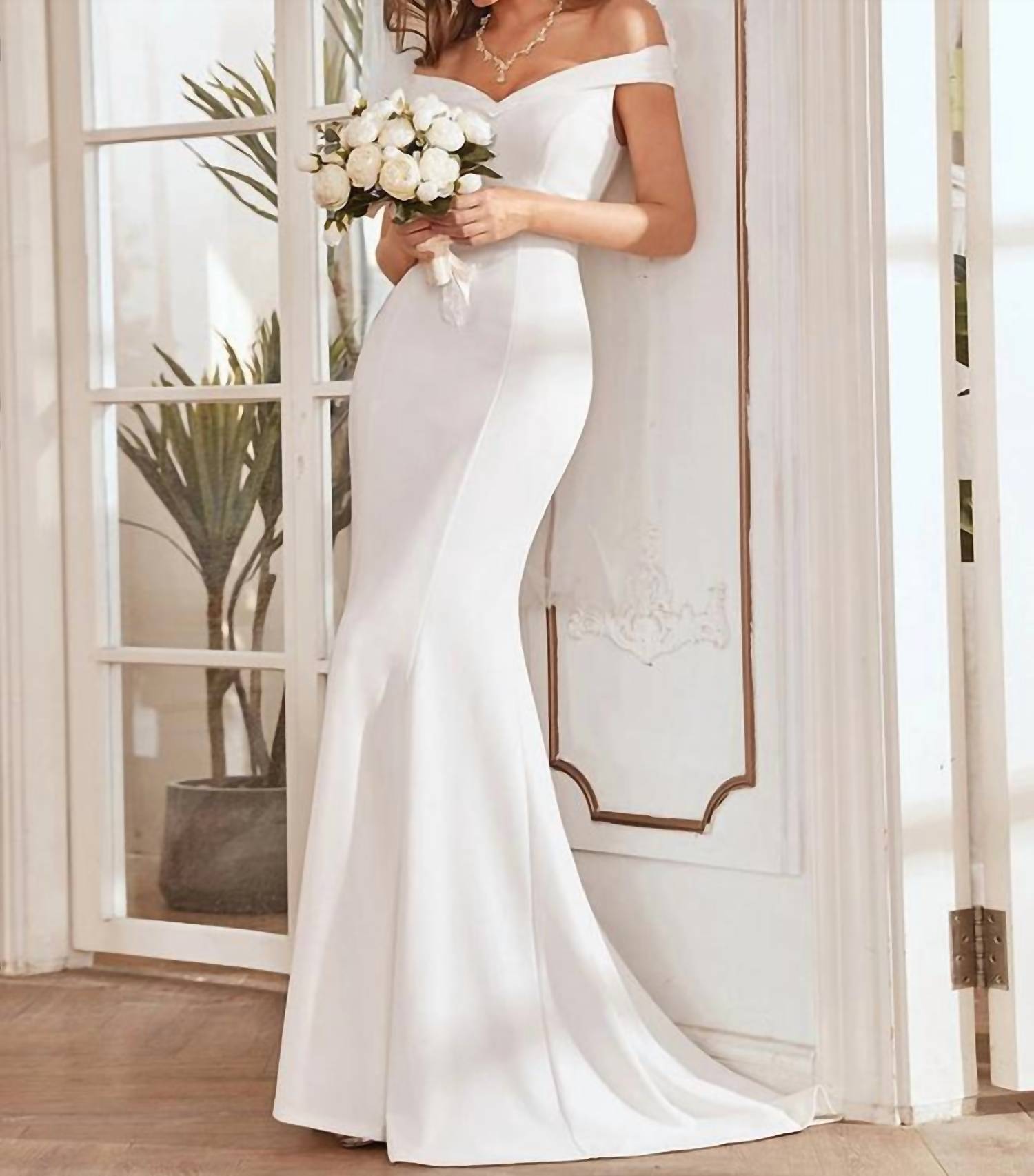 Ever-Pretty - Plain Solid Color Off Shoulder Mermaid Wedding Dress