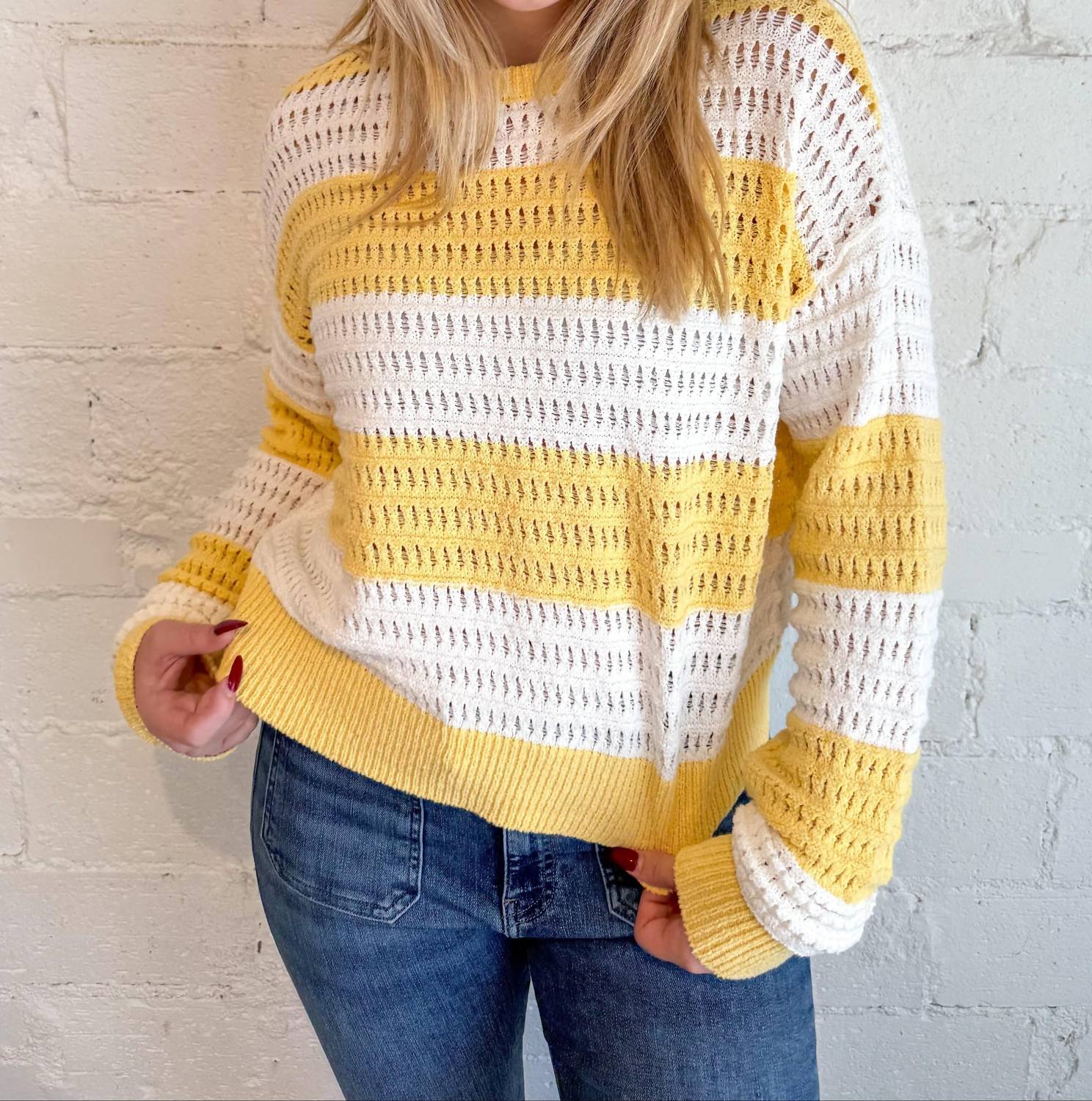 OLIVACEOUS Sadie Mesh Stripe Knit Sweater in yellow - women's sweater