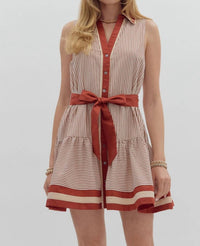 entro Striped Button Down Waist Tie Mini Dress in rust and cream - women's dress