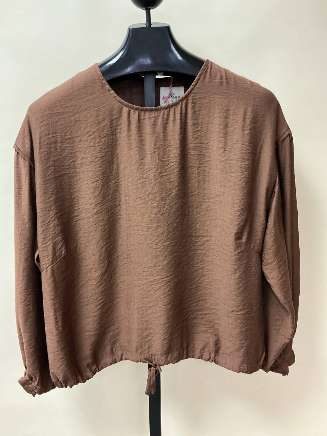 umgee Linen Long Sleeve Top With Drawstring in mocha - women's long sleeve top - view 5