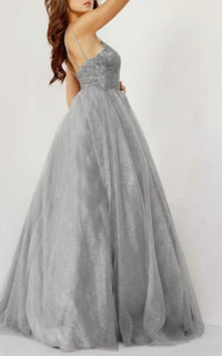 JOVANI Prom Long Spaghetti Strap Metallic Ball Gown in silver - women's dress - detail view