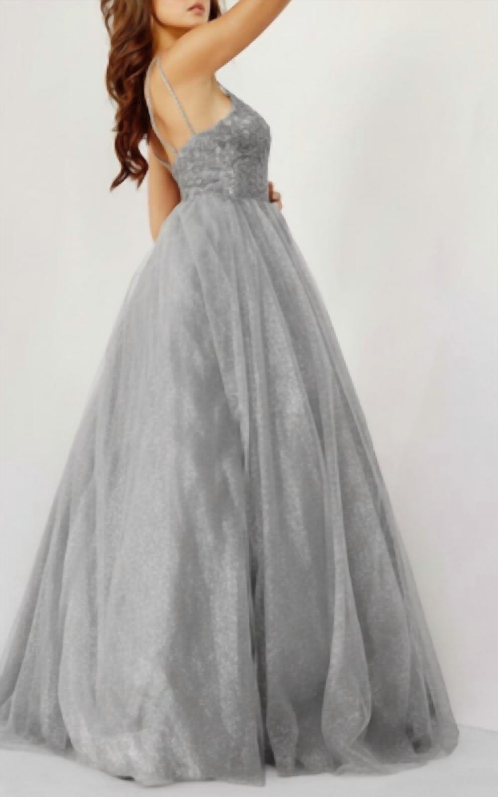 JOVANI Prom Long Spaghetti Strap Metallic Ball Gown in silver - women's dress - detail view