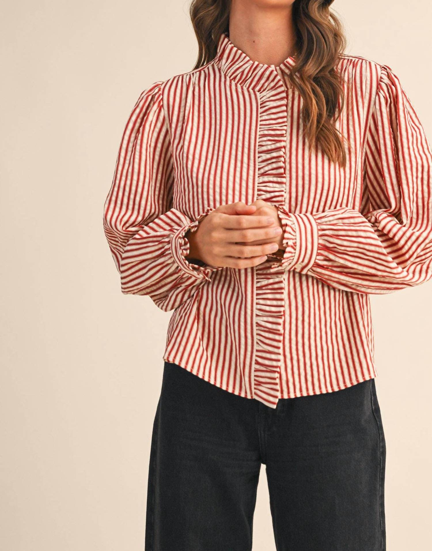 &Merci - Striped Ruffle Button Down Top